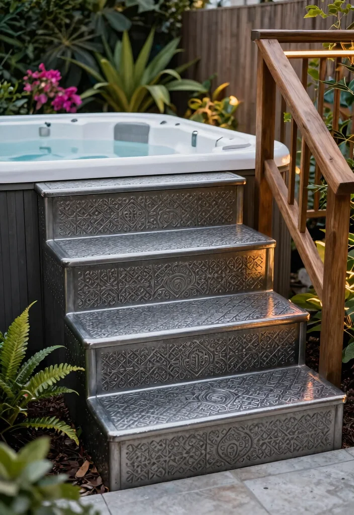 7 Safe Stylish Hot Tub Steps Ideas for Easy Entry 7. Decorative Metal Steps 0
