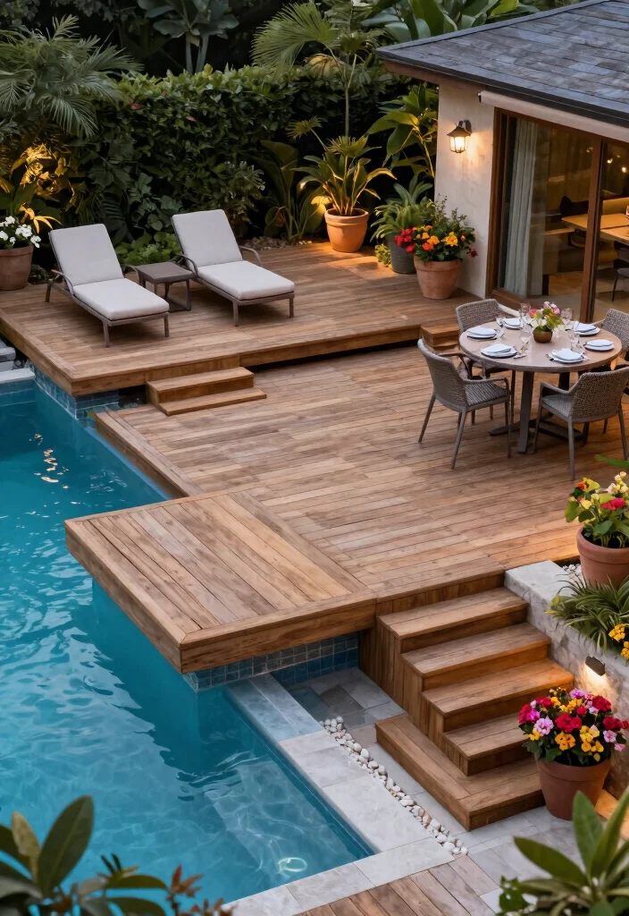 7 Seamless Pool Deck Ideas Off Back of House Flowing Design 4. Multi Level Decks for Depth and Interest 0