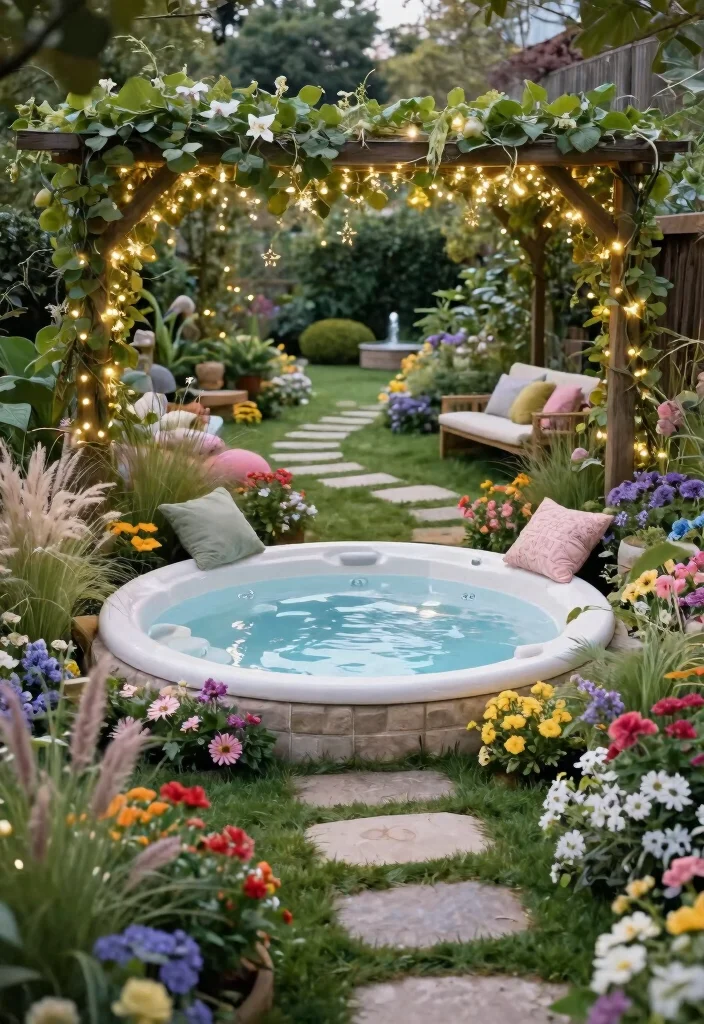 7 Serene Hot Tub Garden Ideas to Build a Sanctuary 5. Enchanted Garden Retreat 0