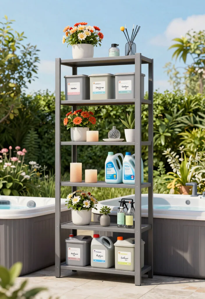 7 Smart Hot Tub Storage Ideas for Chemicals & Gear 12 7 Smart Hot Tub Storage Ideas for Chemicals Gear 2. Vertical Shelving Units 0