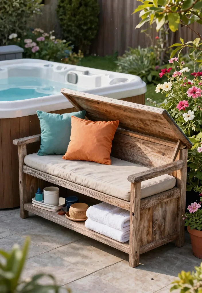 7 Smart Hot Tub Storage Ideas for Chemicals & Gear 23 7 Smart Hot Tub Storage Ideas for Chemicals Gear 3. Decorative Outdoor Storage Benches 0
