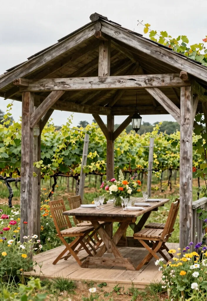 7 Timeless Wooden Gazebo Ideas for a Natural Aesthetic 6. Vintage Vineyard Pavilion 0