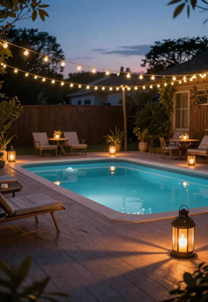 7 Tiny Small Above Ground Pool Deck Ideas for Tight Spaces 4. Cozy Lighting Solutions 0