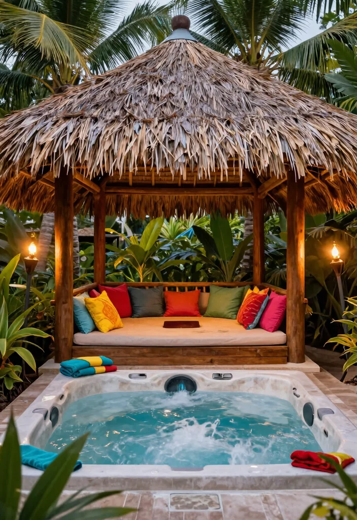 8 Sturdy Hot Tub Gazebo Ideas for Ultimate Shelter 7. Tropical Palapa Shade Structure