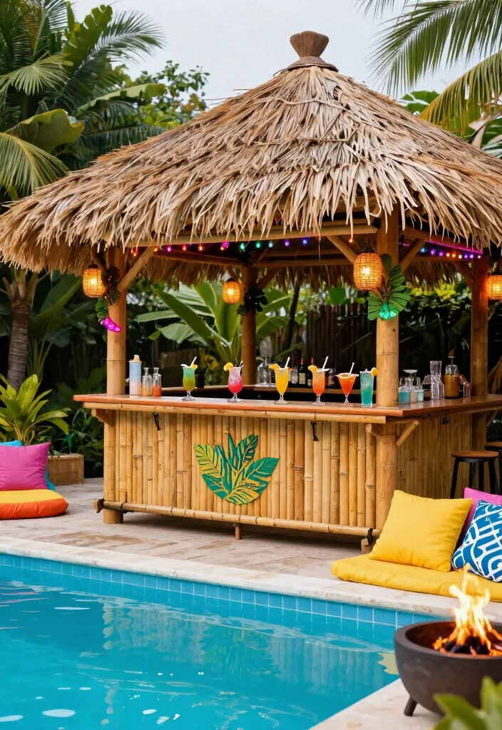 8 Amazing Pool Deck Ideas with Bar for Outdoor Entertaining 23 8 Amazing Pool Deck Ideas with Bar for Outdoor Entertaining 3. Tropical Tiki Bar Vibe 0