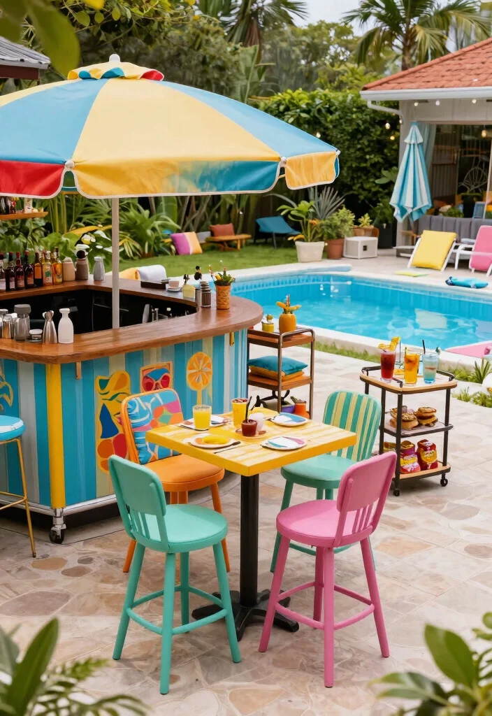 8 Amazing Pool Deck Ideas with Bar for Outdoor Entertaining 35 8 Amazing Pool Deck Ideas with Bar for Outdoor Entertaining 5. Colorful Bistro Bar Setup 0