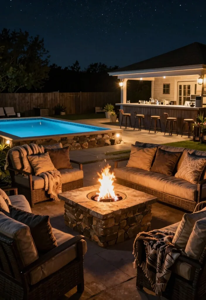 8 Amazing Pool Deck Ideas with Bar for Outdoor Entertaining 46 8 Amazing Pool Deck Ideas with Bar for Outdoor Entertaining 6. Cozy Fire Pit Bar Area 0