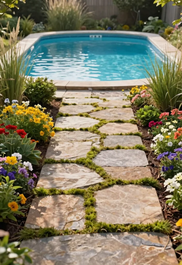 8 Clean Above Ground Pool Border Ideas for a Polished Yard 1. Natural Stone Pathway 0