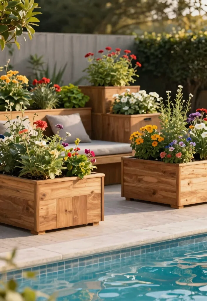 8 Clean Above Ground Pool Border Ideas for a Polished Yard 2. Raised Wooden Planters 0