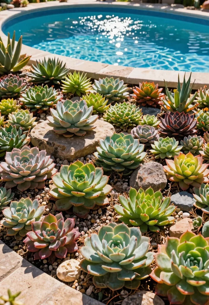 8 Clean Above Ground Pool Border Ideas for a Polished Yard 5. Low Maintenance Succulent Garden 0