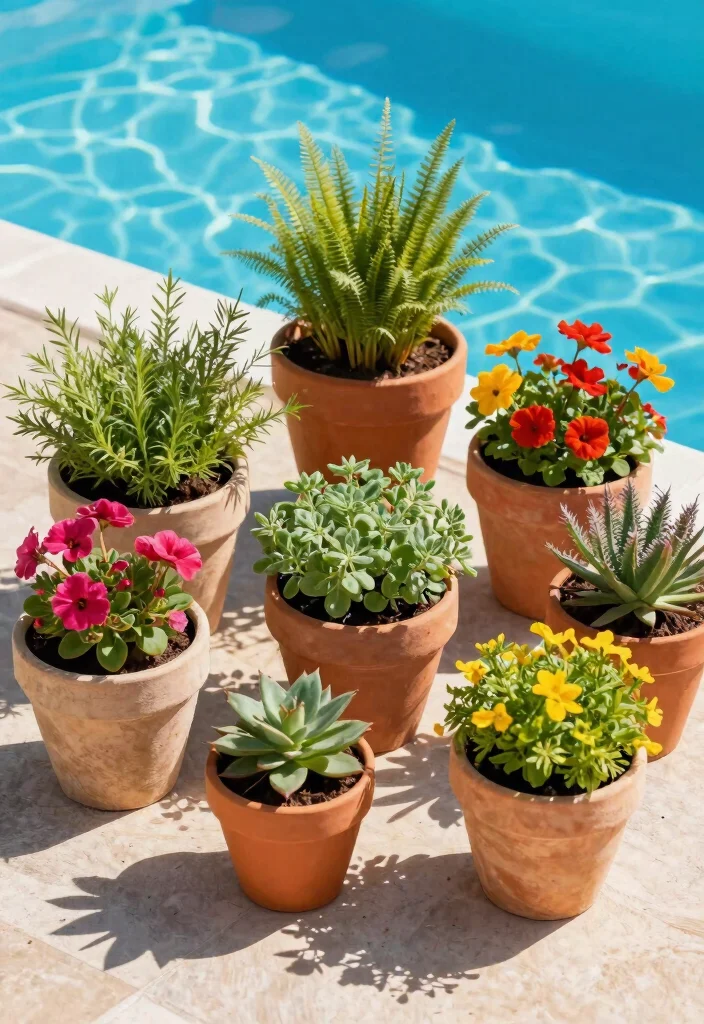 8 Clean Above Ground Pool Border Ideas for a Polished Yard 6. Colorful Potted Plants 0