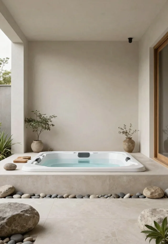 8 Cozy Back Porch Hot Tub Ideas for Home Comfort 3. Minimalist Zen Retreat 0