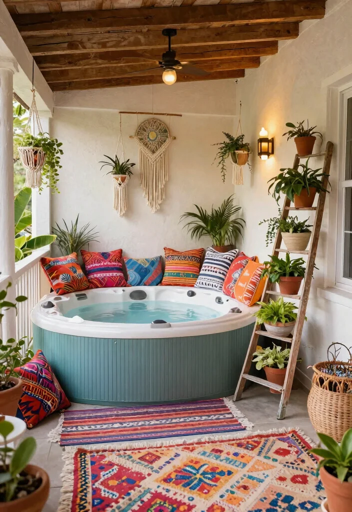 8 Cozy Back Porch Hot Tub Ideas for Home Comfort 4. Bohemian Vibes with Colorful Decor 0