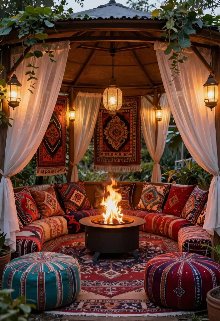 8 Cozy Gazebo Fire Pit Ideas for Chilly Autumn Nights 2. Bohemian Chic Gazebo with Portable Fire Pit 0