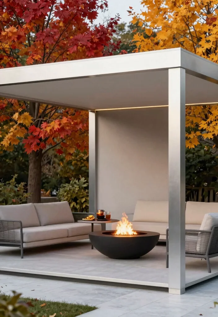 8 Cozy Gazebo Fire Pit Ideas for Chilly Autumn Nights 3. Modern Minimalist Gazebo with Fire Bowl 0