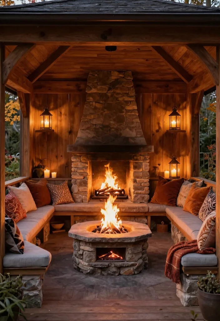8 Cozy Gazebo Fire Pit Ideas for Chilly Autumn Nights 5. Enclosed Gazebo with Fire Pit and Seating Nook 0