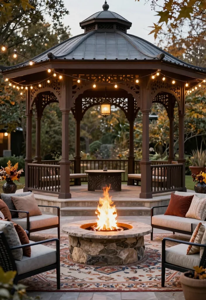 8 Cozy Gazebo Fire Pit Ideas for Chilly Autumn Nights 7. Elegant Gazebo with Stone Fire Pit and Bistro Lighting 0