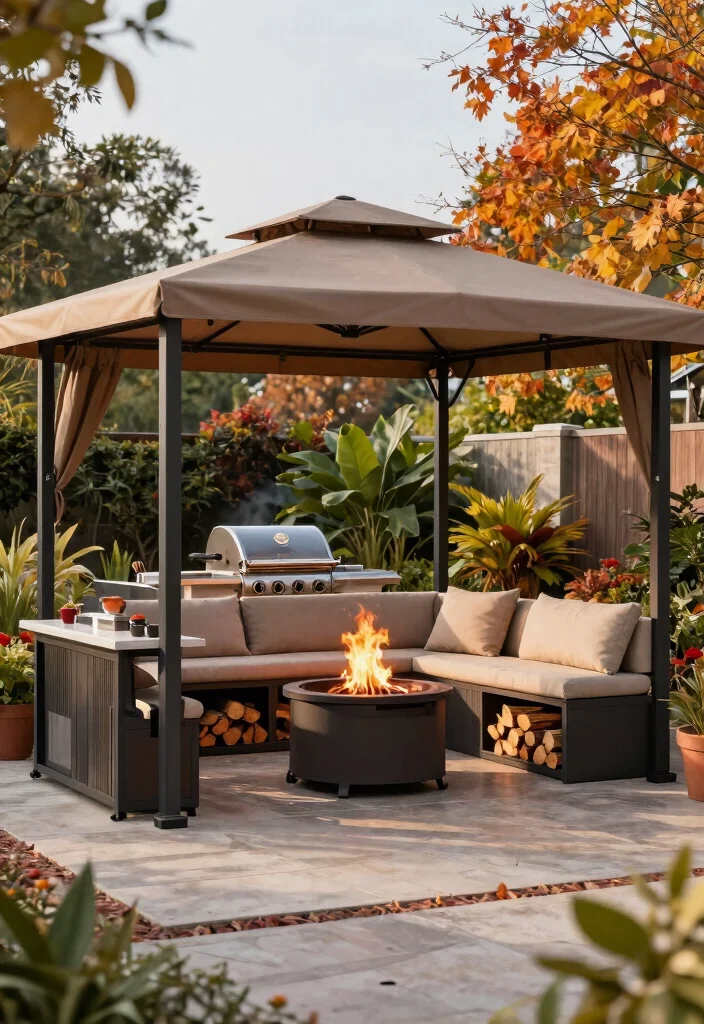 8 Cozy Gazebo Fire Pit Ideas for Chilly Autumn Nights 8. Adaptive Gazebo with Multi Functional Fire Pit 0