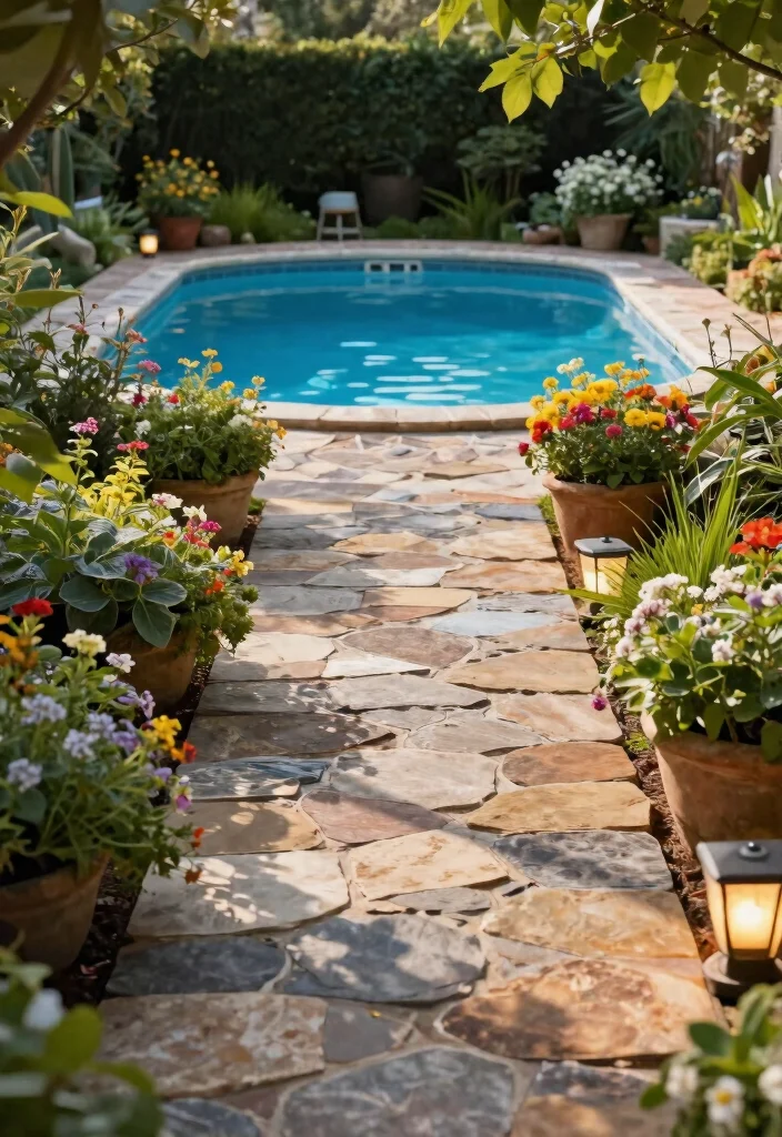 8 Durable Above Ground Pool Surround Ideas for Better Vibes 2. Stone Pathway and Planters 0