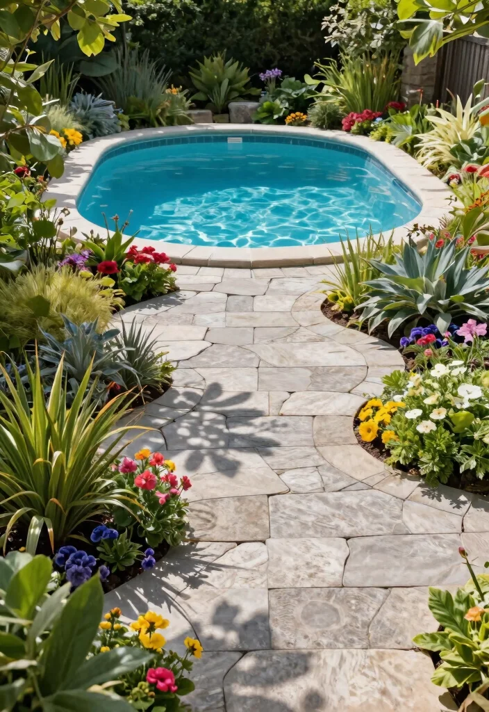 8 Durable Above Ground Pool Surround Ideas for Better Vibes 4. Eco Friendly Pavers and Native Flora 0