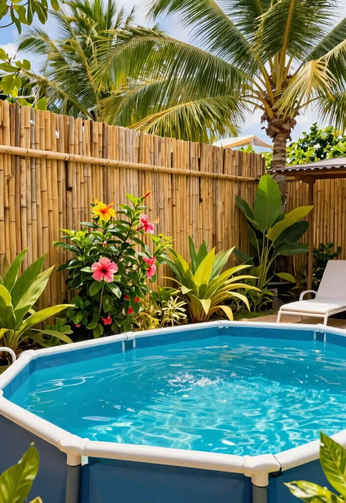 8 Durable Above Ground Pool Surround Ideas for Better Vibes 5. Bamboo Fencing with Tropical Plants 0