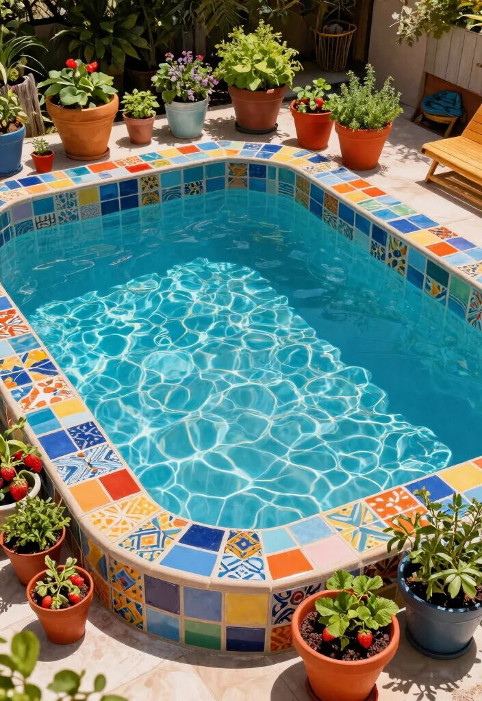 8 Durable Above Ground Pool Surround Ideas for Better Vibes 7. Colorful Tile Surround with Edible Plants 0