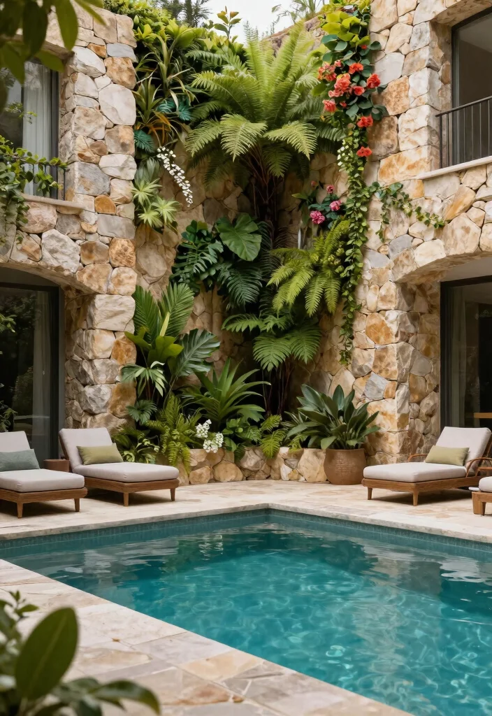 8 Durable Above Ground Pool Surround Ideas for Better Vibes 8. Natural Stone Walls with Vertical Gardens 0