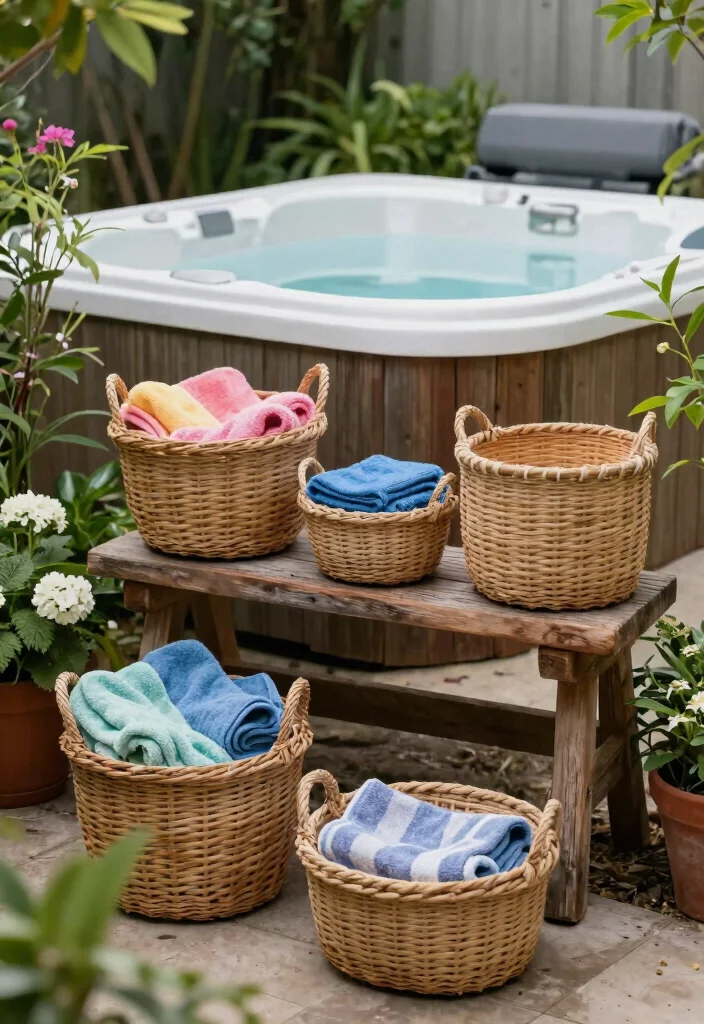 8 Neat Hot Tub Towel Storage Ideas to Stay Dry 1. Woven Baskets for a Boho Vibe 0