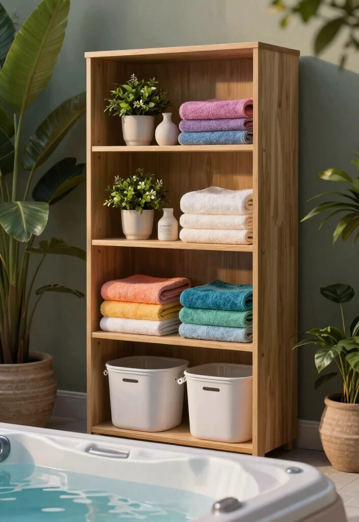 8 Neat Hot Tub Towel Storage Ideas to Stay Dry 2. Vertical Shelving Units for Space Saving 0