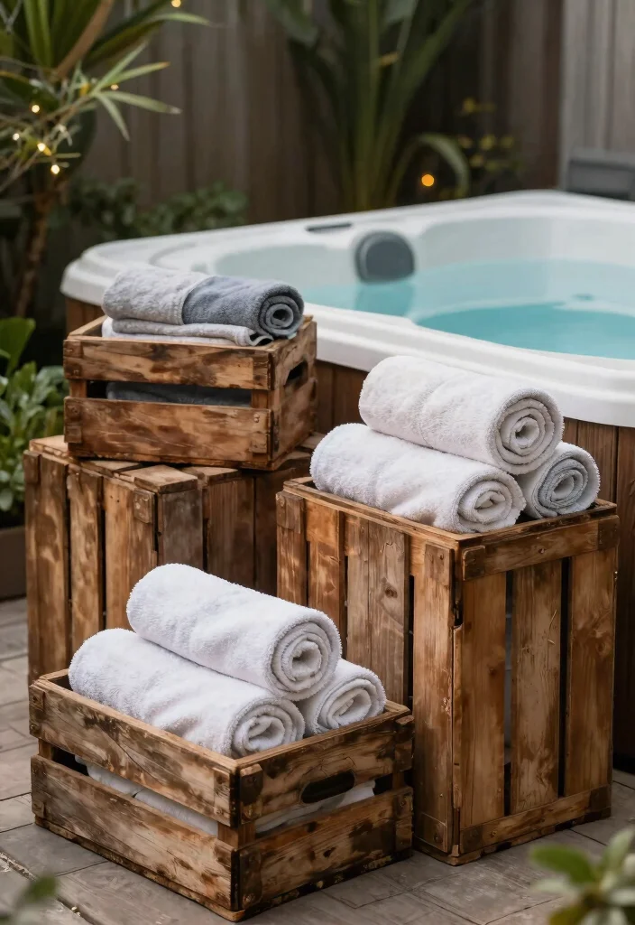 8 Neat Hot Tub Towel Storage Ideas to Stay Dry 3. Rustic Wooden Crates for a Charming Touch 0