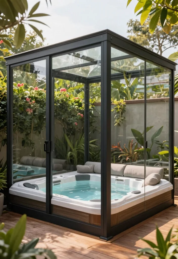 8 Protective Covered Hot Tub Ideas to Stay Dry & Warm 1 8 Protective Covered Hot Tub Ideas to Stay Dry Warm 1. Elegant Glass Enclosure 0