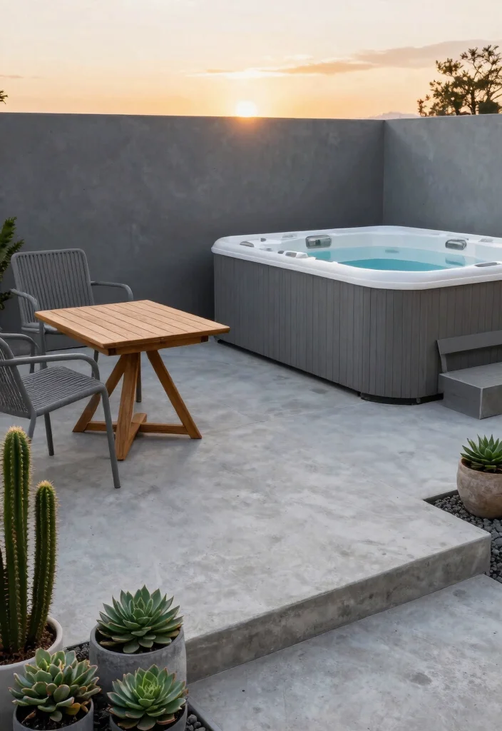 8 Stunning Hot Tub Ideas for Backyard Deck Combinations 2. Contemporary Concrete Deck with Minimalist Hot Tub 0