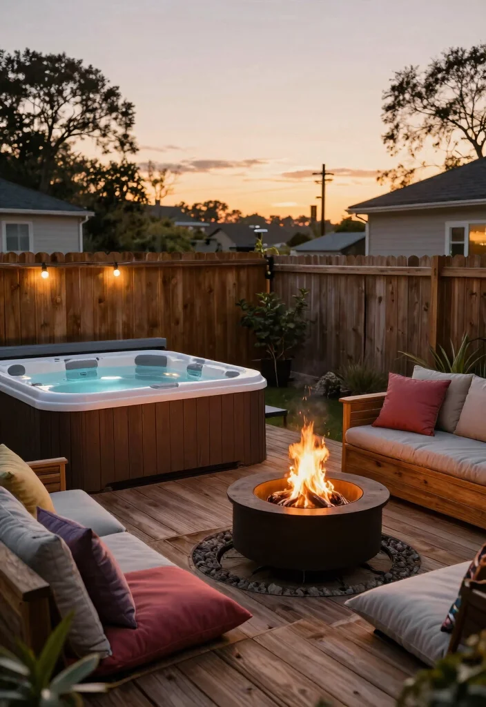 8 Stunning Hot Tub Ideas for Backyard Deck Combinations 8. Cozy Fire Pit and Hot Tub Combo 0