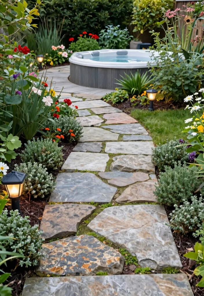 9 Affordable Hot Tub Patio Ideas On a Budget 3. Earthy Stone Pathway 0