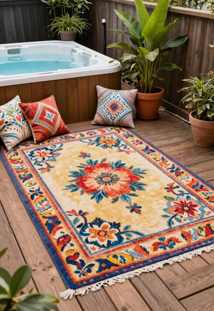 9 Affordable Hot Tub Patio Ideas On a Budget 4. Lively Outdoor Rugs 0