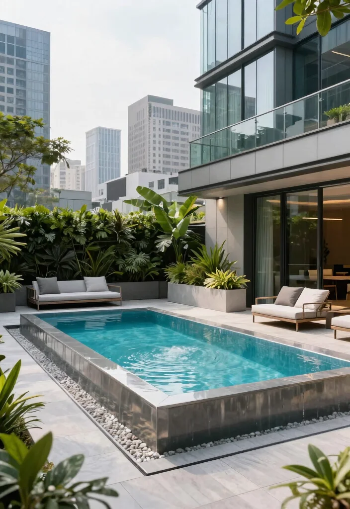 9 Best Rectangle Above Ground Pool Ideas for Modern Homes 7. Chic Urban Oasis 0