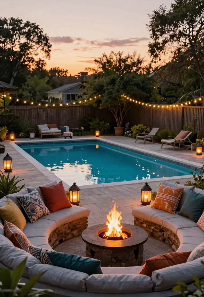 9 Best Rectangle Above Ground Pool Ideas for Modern Homes 8. Cozy Firepit Retreat 0