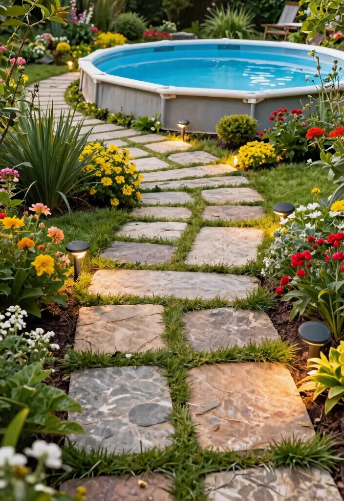 9 Cheap Above Ground Pool Deck Ideas That Look Expensive 23 9 Cheap Above Ground Pool Deck Ideas That Look Expensive 3. DIY Stone Pathway 0