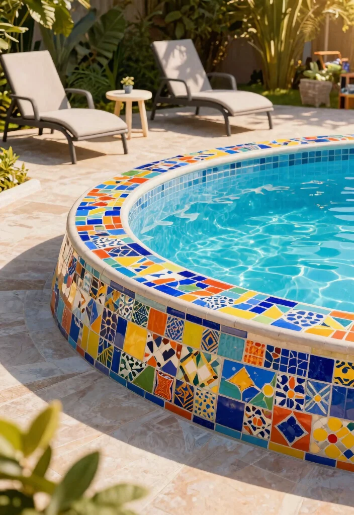 9 Cheap Above Ground Pool Deck Ideas That Look Expensive 57 9 Cheap Above Ground Pool Deck Ideas That Look Expensive 7. Fun Mosaic Tile Accents 0