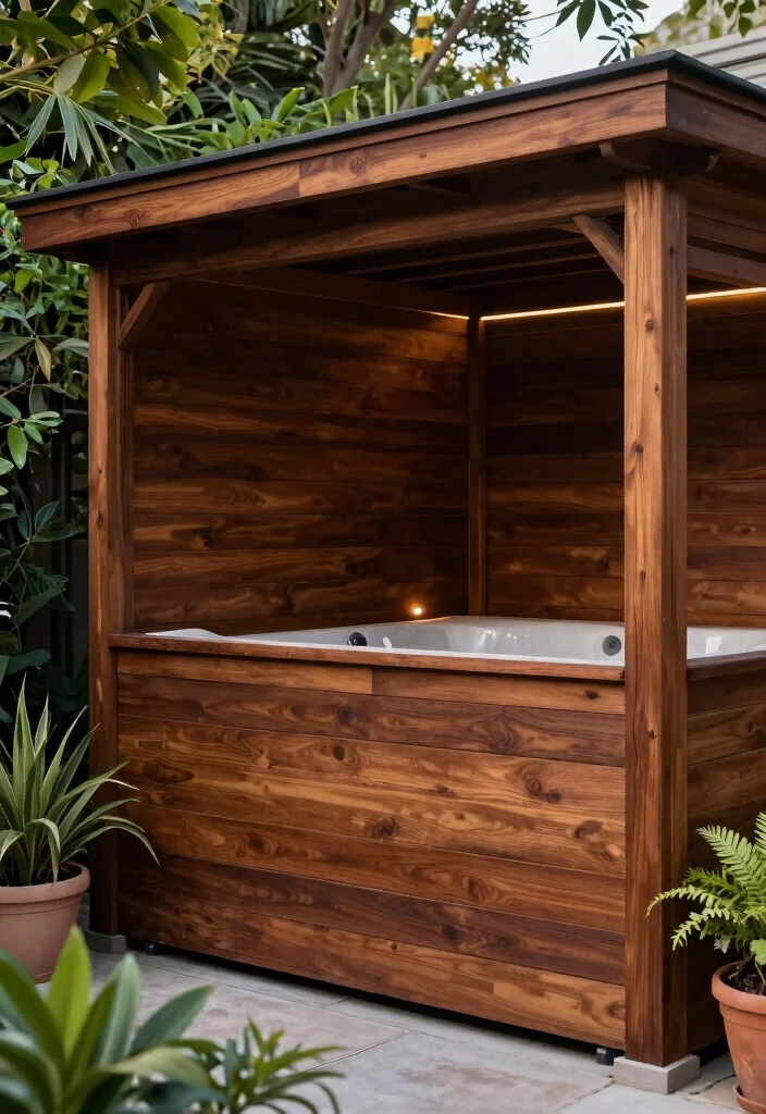9 Contemporary Hot Tub Enclosure Ideas for Ultimate Backyard Privacy 1. Modern Wooden Privacy Enclosure 0