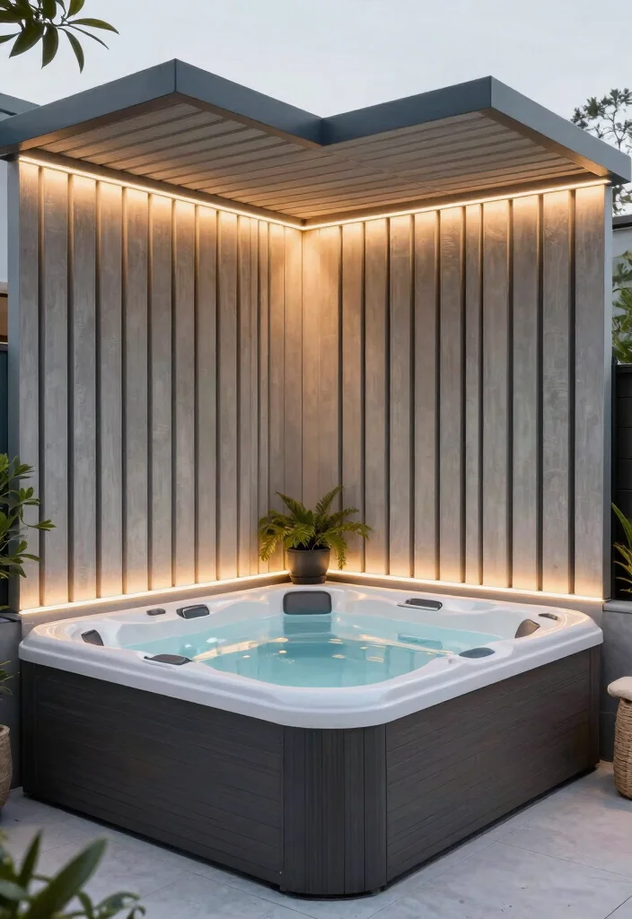 9 Contemporary Hot Tub Enclosure Ideas for Ultimate Backyard Privacy 6. Vertical Slat Privacy Walls 0