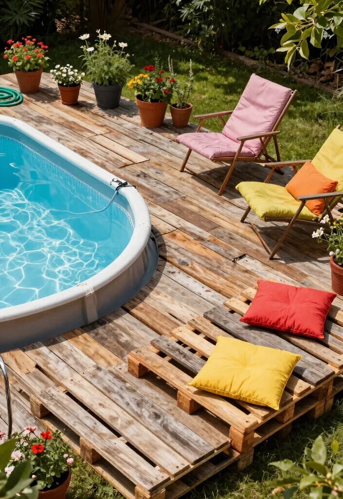 9 Custom Above Ground Pool Deck Designs for Every Budget 1. Simple Pallet Decking 0
