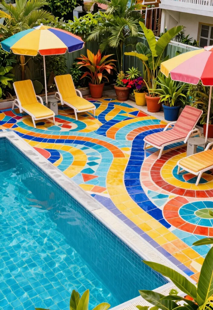 9 Custom Above Ground Pool Deck Designs for Every Budget 4. Colorful Tile Decking 0