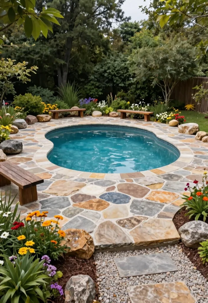 9 Custom Above Ground Pool Deck Designs for Every Budget 6. Rustic Stone Decking 0