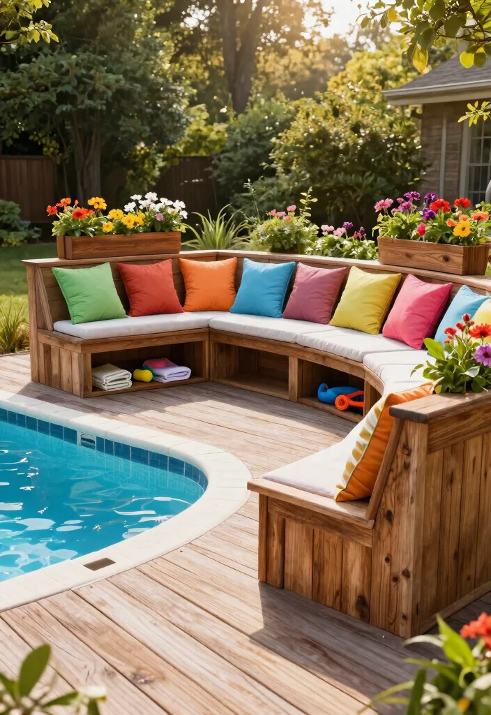9 Custom Above Ground Pool Deck Designs for Every Budget 9. Integrated Seating and Storage 0