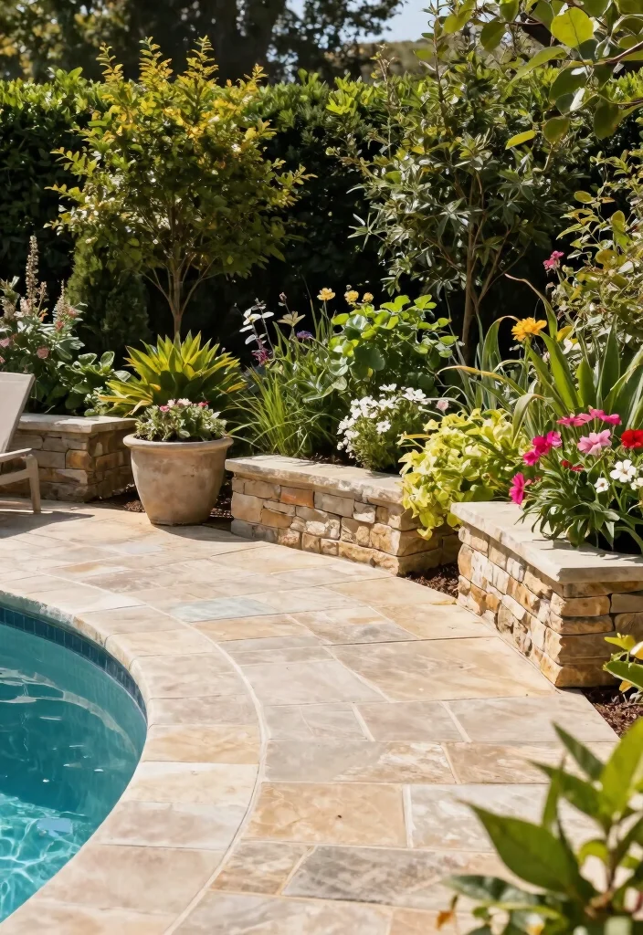 9 Elegant Oval Pool Deck Ideas Above Ground for Superior Style 1. Lush Greenery and Natural Stone 0