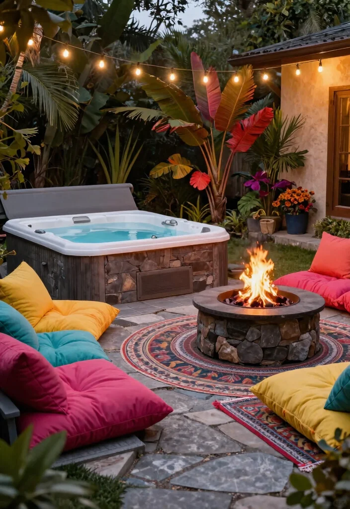 9 Lush Hot Tub Landscaping Ideas for a Tropical Feel 12 9 Lush Hot Tub Landscaping Ideas for a Tropical Feel 2. Cozy Fire Pit Integration 0