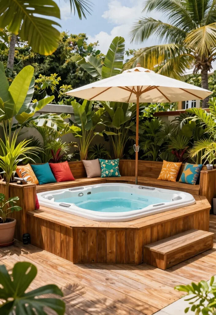 9 Lush Hot Tub Landscaping Ideas for a Tropical Feel 36 9 Lush Hot Tub Landscaping Ideas for a Tropical Feel 6. Decking with a Tropical Touch 0