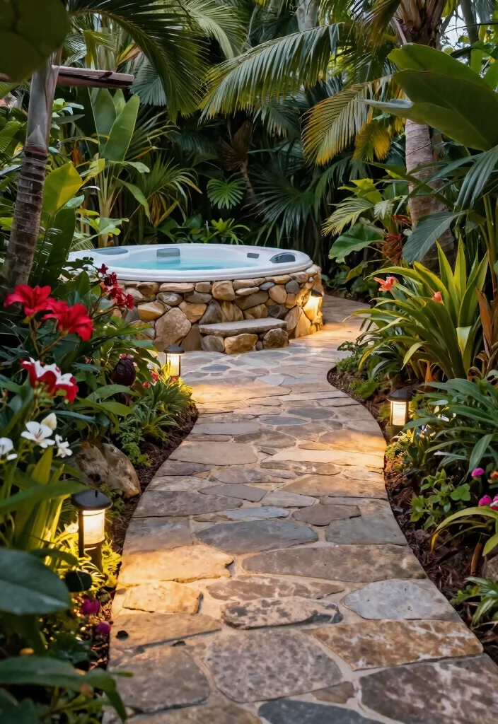 9 Lush Hot Tub Landscaping Ideas for a Tropical Feel 48 9 Lush Hot Tub Landscaping Ideas for a Tropical Feel 8. Pathways to Paradise 0