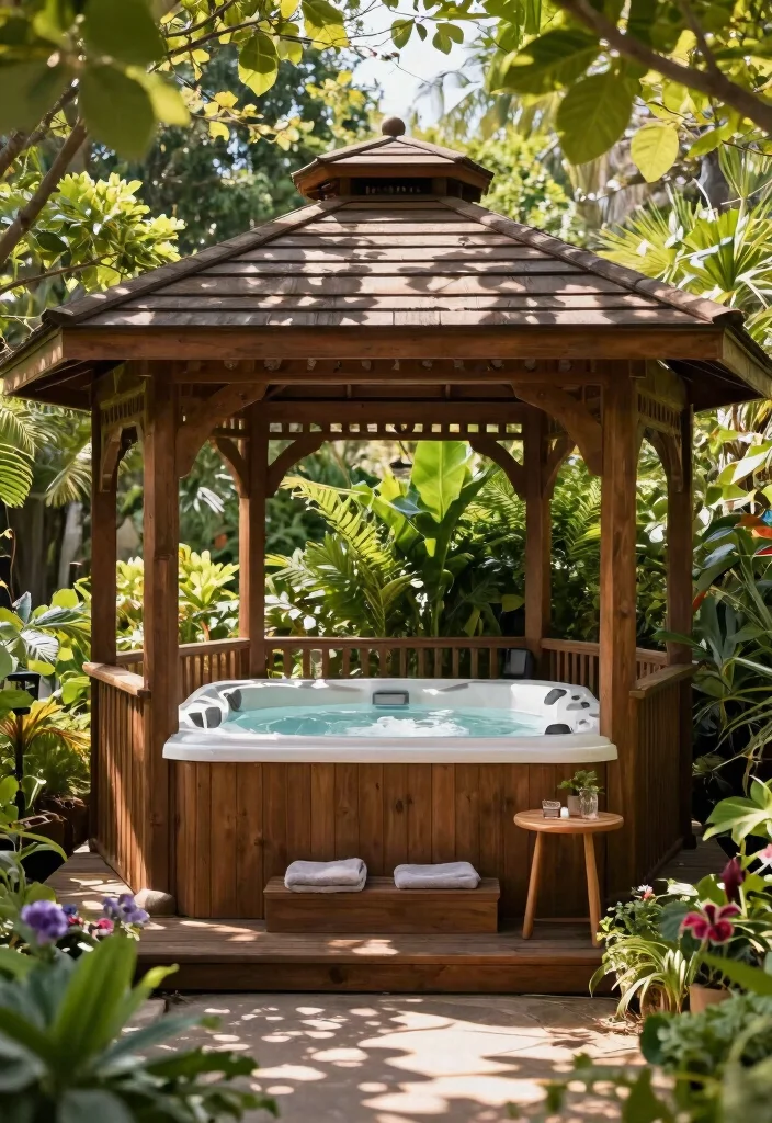 9 Practical Hot Tub Shelter Ideas for Sun Wind 1. Wooden Gazebo Retreat 0
